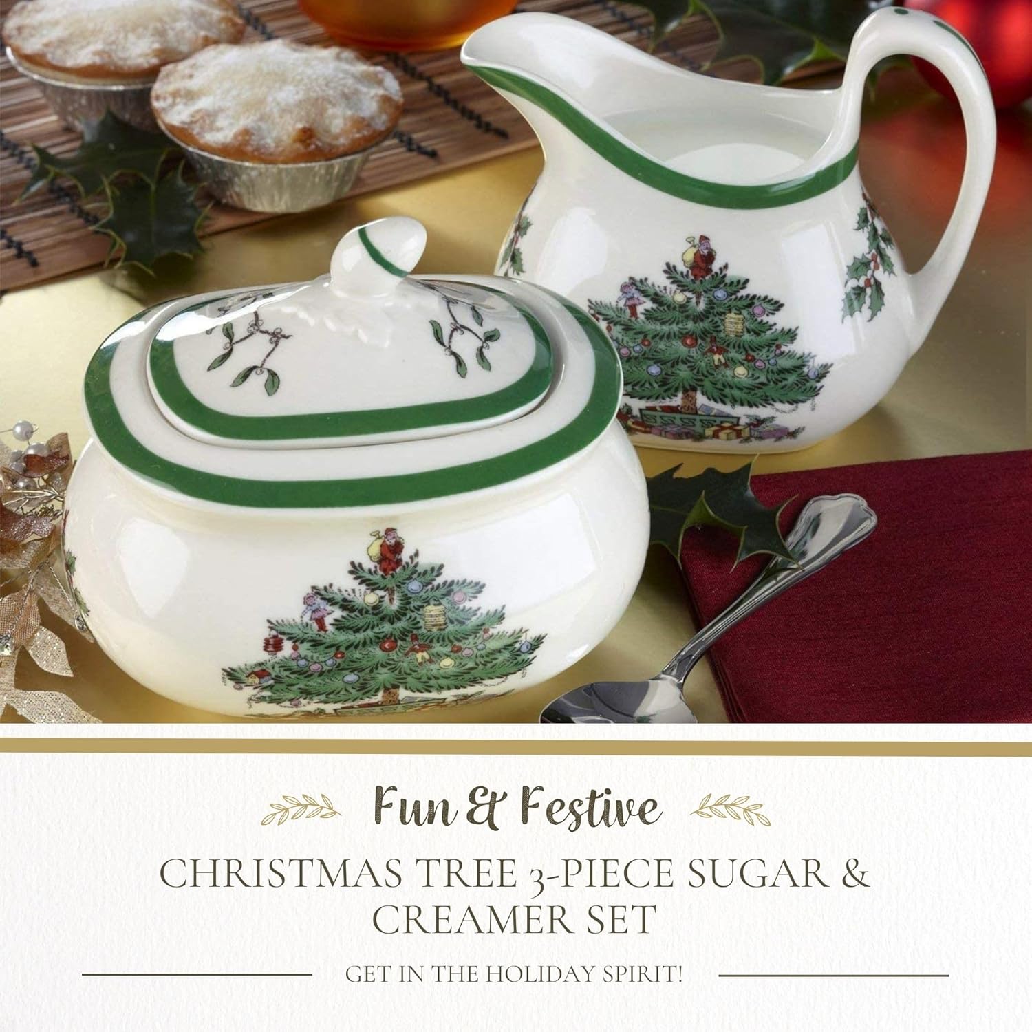 Spode Christmas Tree Collection Sugar and Creamer Set - 16 oz Sugar, 8 oz Creamer With Acacia Wood Tray - Dishwasher Safe