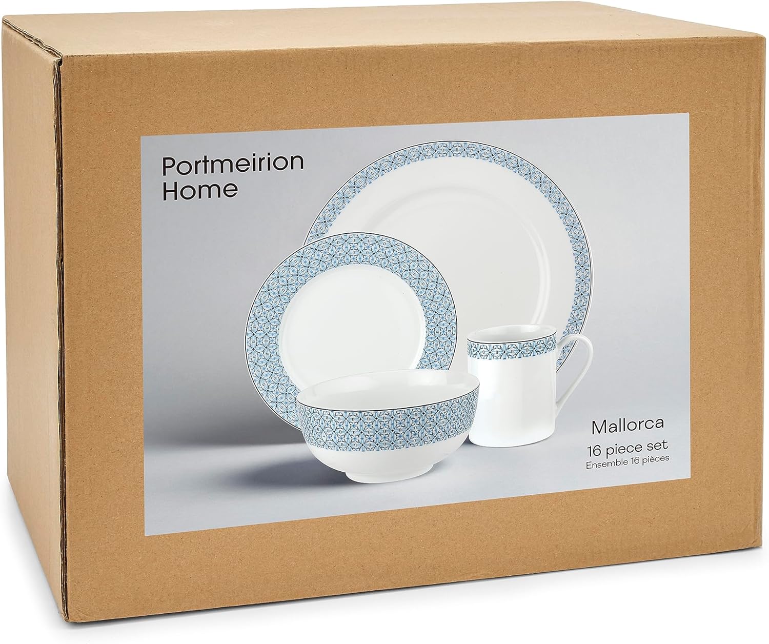 Portmeirion Home Mallorca 16 Piece Porcelain Dinnerware Set with Blue Geometric Border, 4 Place Settings - Ideal for Weekday Meals, Casual Brunches, Relaxed Dinner Parties, Small Family Celebrations