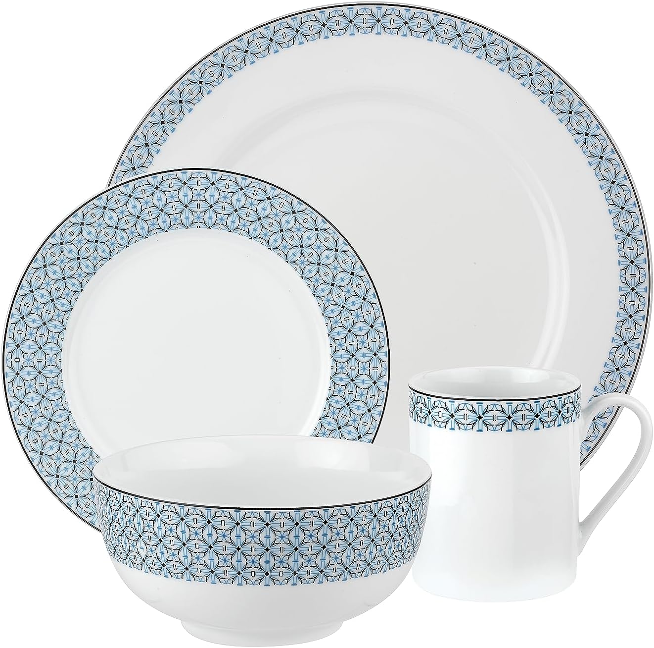 Portmeirion Home Mallorca 16 Piece Porcelain Dinnerware Set with Blue Geometric Border, 4 Place Settings - Ideal for Weekday Meals, Casual Brunches, Relaxed Dinner Parties, Small Family Celebrations