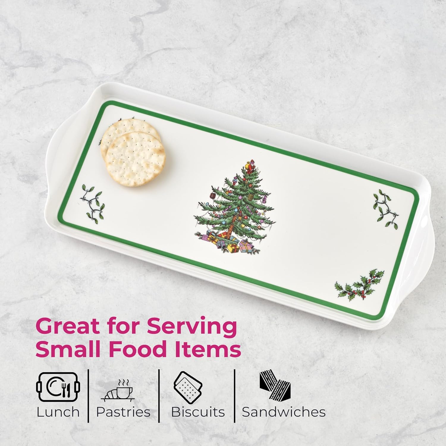Spode Christmas Tree Sandwich Tray for Holiday Snacks - Pimpernel Melamine Tray (15" x 6.5") Elegant Holiday Tableware