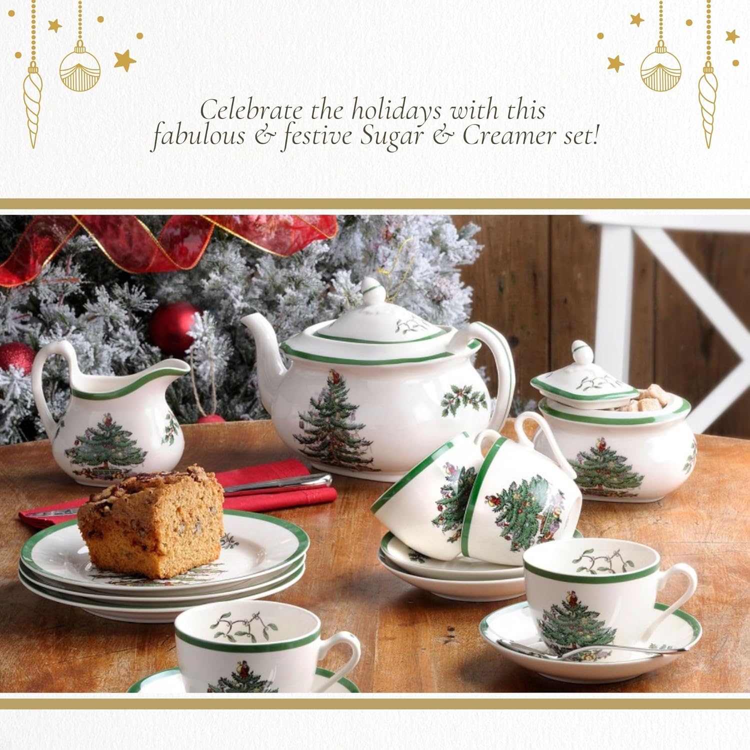 Spode Christmas Tree Collection Sugar and Creamer Set - 16 oz Sugar, 8 oz Creamer With Acacia Wood Tray - Dishwasher Safe