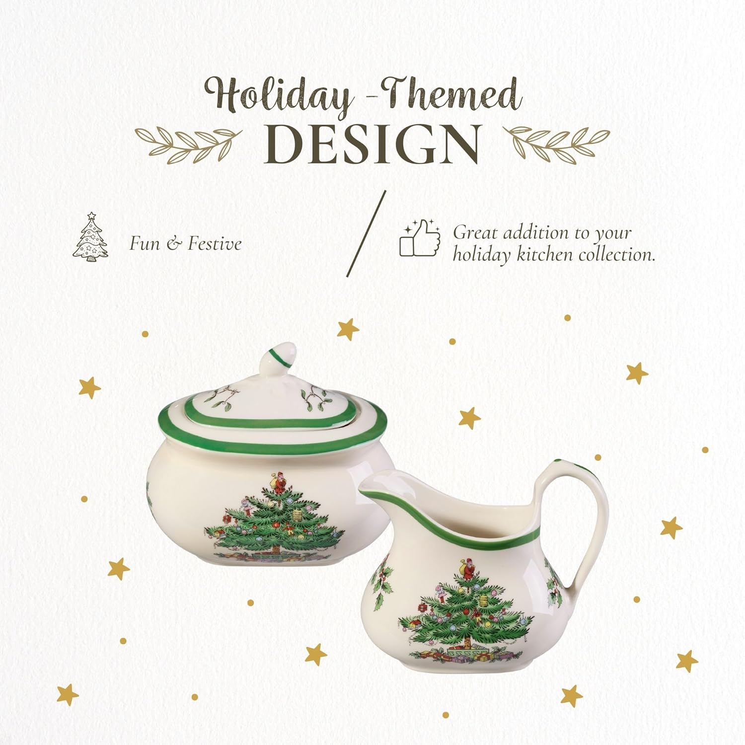 Spode Christmas Tree Collection Sugar and Creamer Set - 16 oz Sugar, 8 oz Creamer With Acacia Wood Tray - Dishwasher Safe