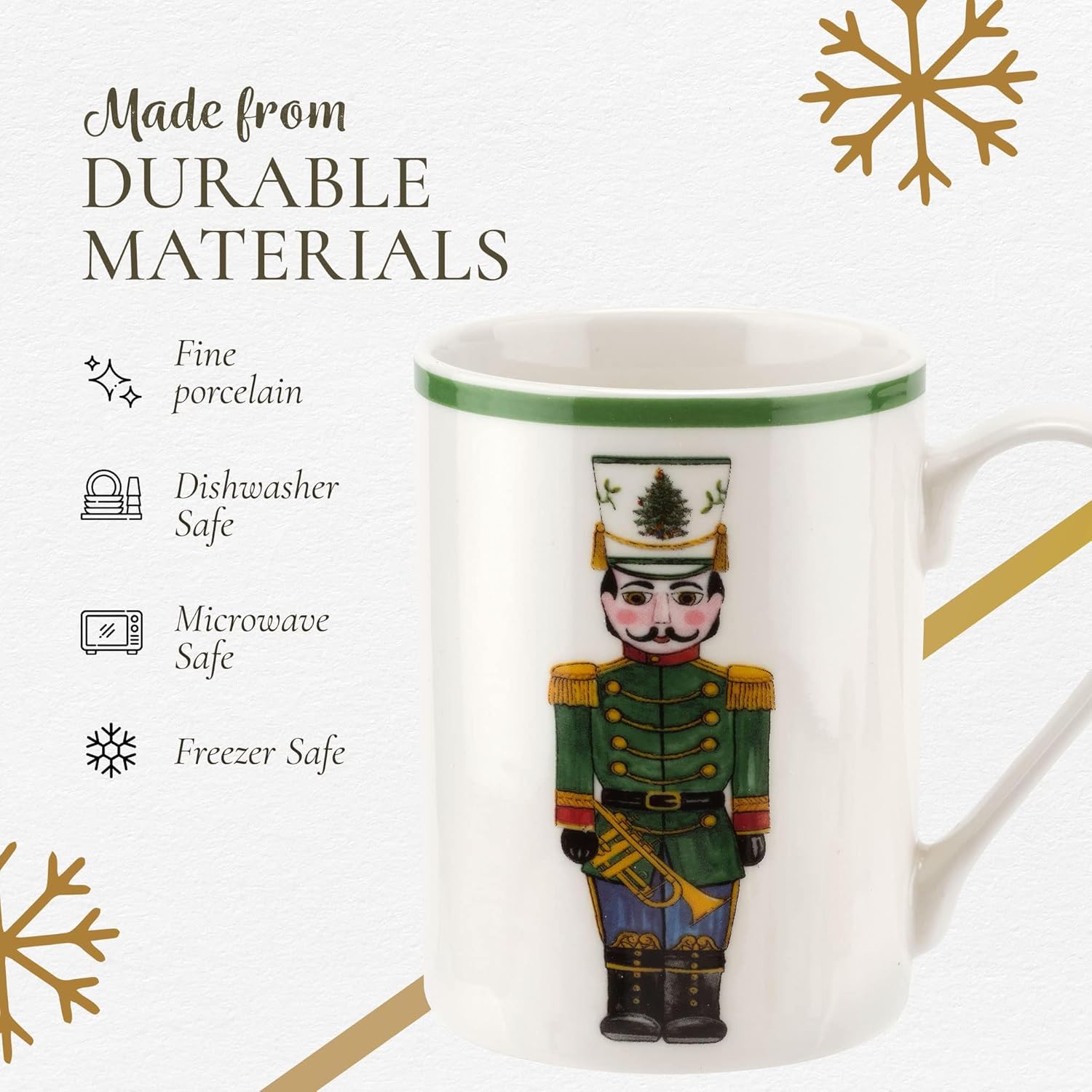 Spode Christmas Tree Nutcracker Mugs and Tray, 3-Piece Set, Holiday Breakfast Tray, 10-Oz Coffee Mug, Made of Porcelain Dishwasher Safe