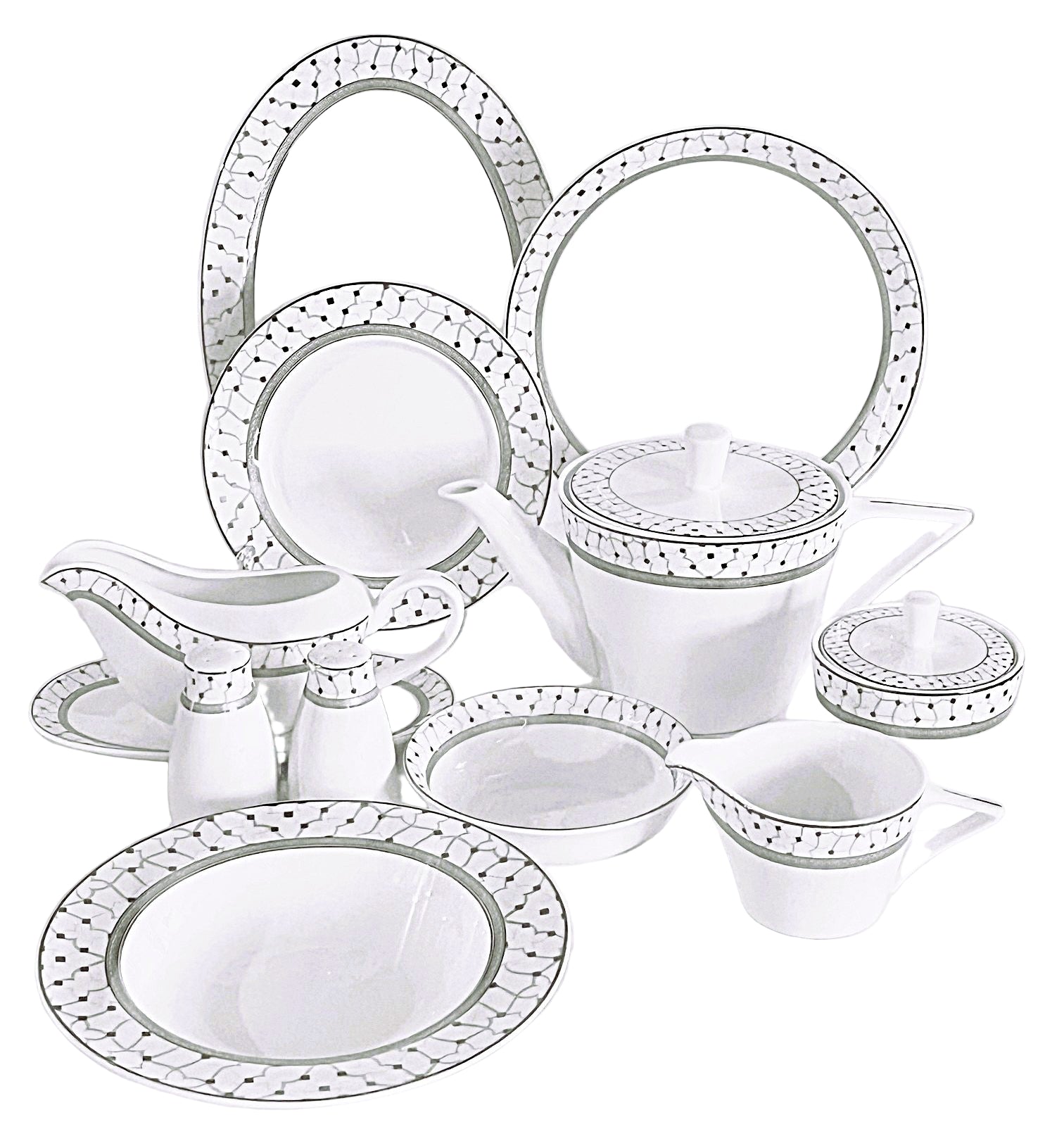 Dinnerware 46 Piece Set, Service for 12, Atlas Platinum Collection by Success Bone China, Light weight, Extra white Body, stronger than porcelain, chip resistant