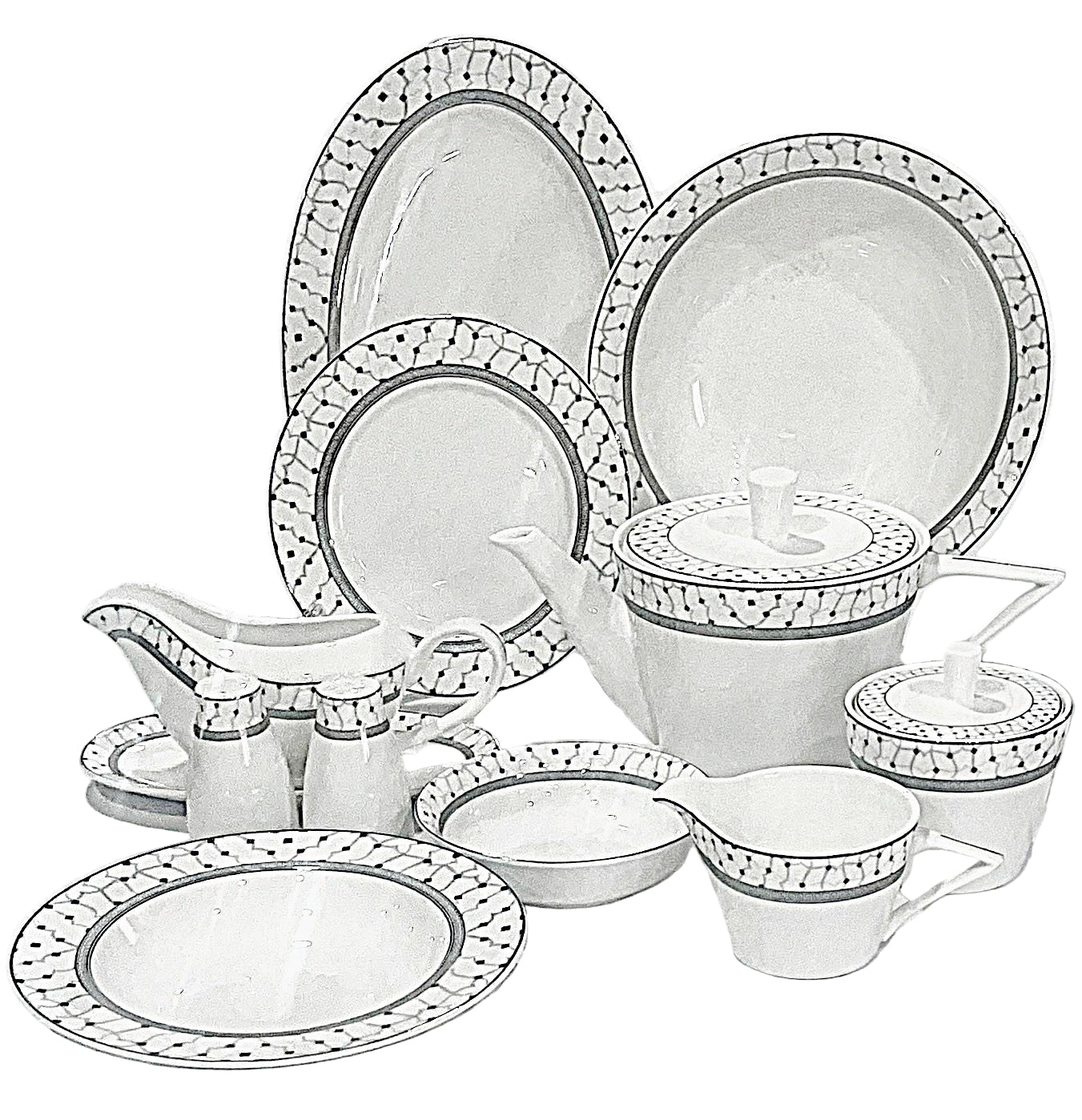 Dinnerware set with decorative rims on a white background