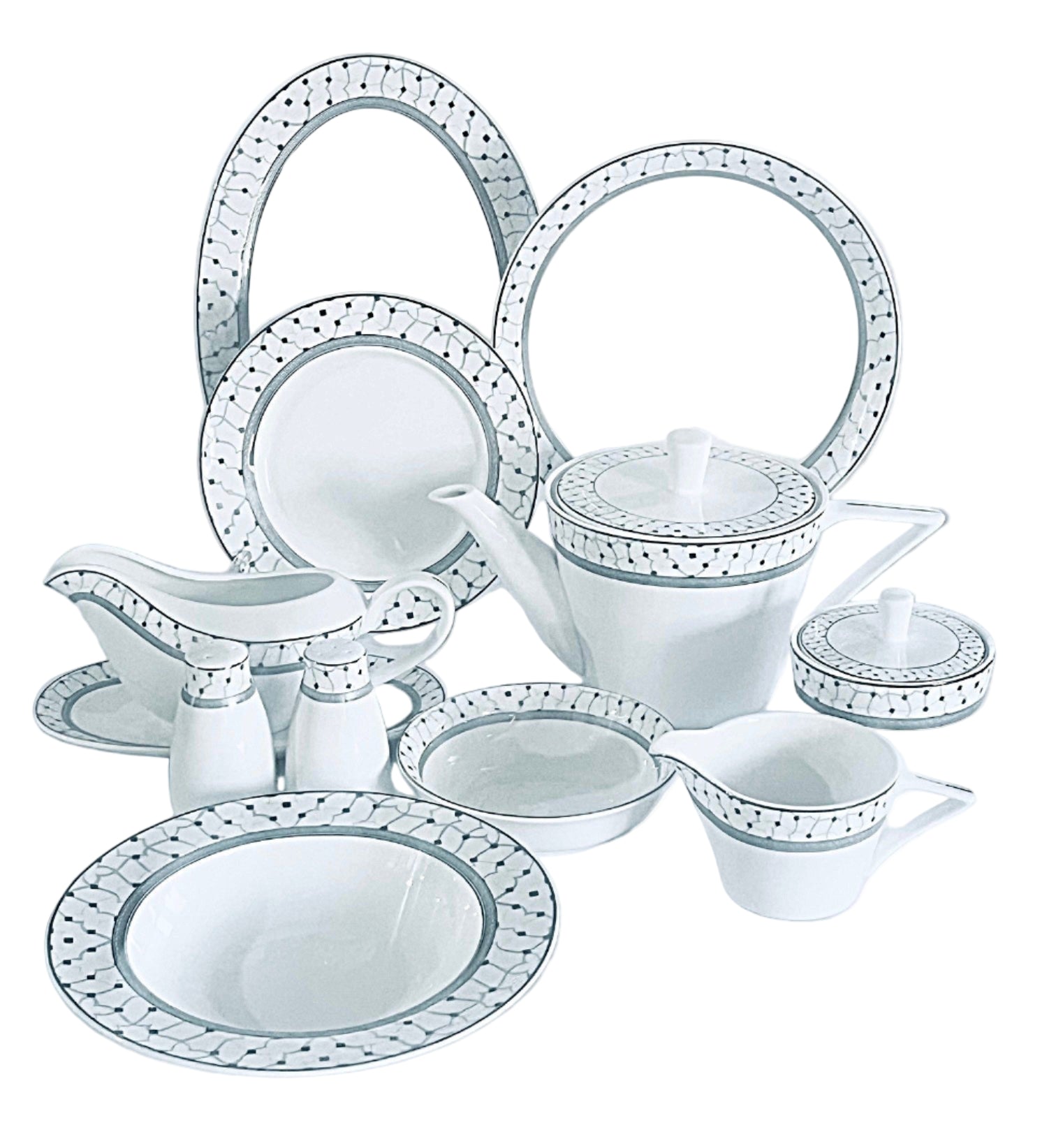 Dinnerware 46 Piece Set, Service for 12, Atlas Platinum Collection by Success Bone China, Light weight, Extra white Body, stronger than porcelain, chip resistant