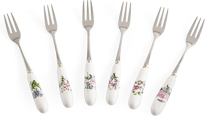 Portmeirion Botanic Garden Pastry Forks Set of 6 Forks with Assorted Floral Motifs 6"tall Made from Stainless Steel with Porcelain Handles