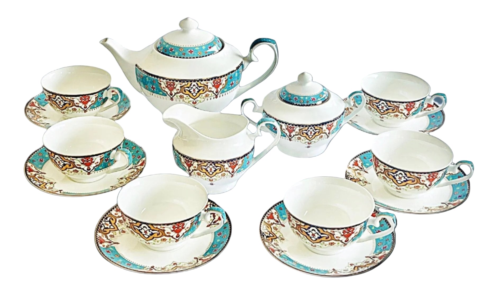 Tea Set 17-Piece Bone China Teapot + Sugar + Creamer + 6 Teacups + 6 Saucers