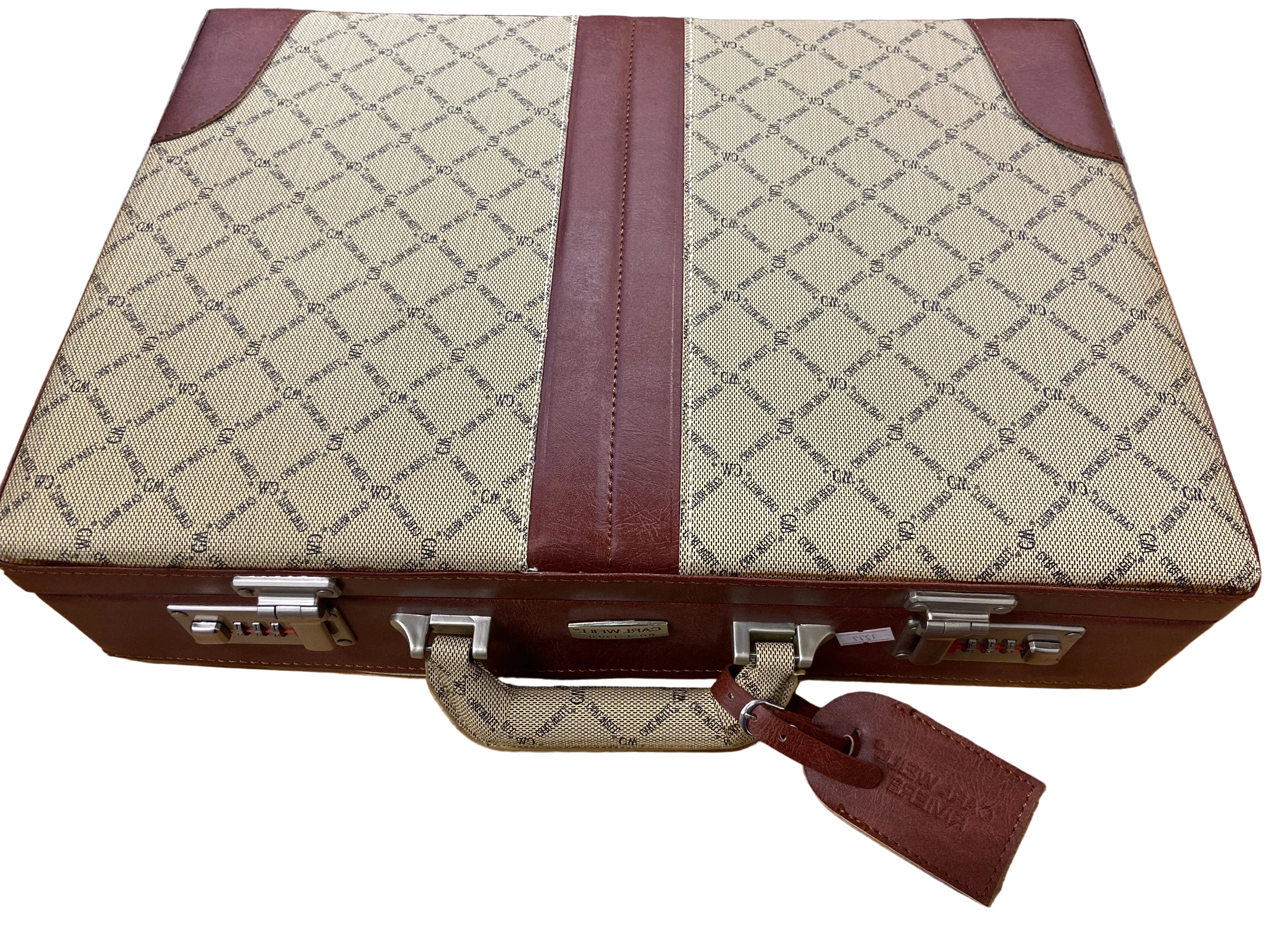 Beige suitcase with brown accents on a white background