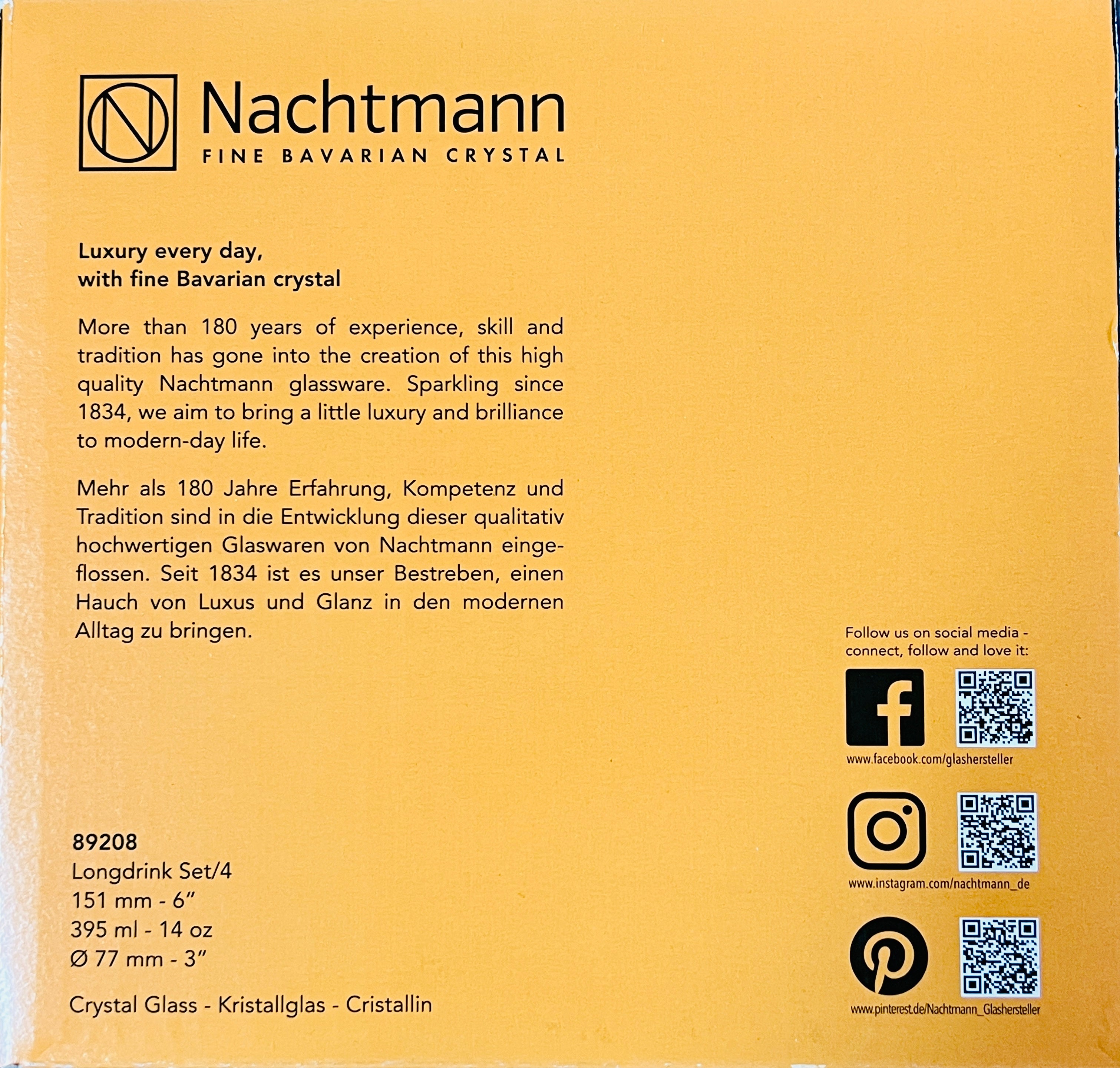 Noblesse Hi ball long-drink 4 Crystal Glasses 14-OZ. 395-ML by Nachtmann Germany 6” tall