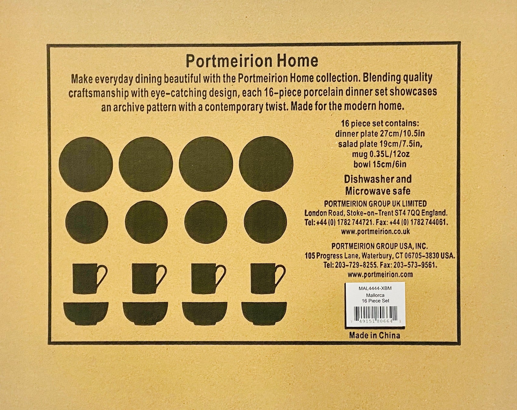 Portmeirion Home Mallorca 16 Piece Porcelain Dinnerware Set with Blue Geometric Border, 4 Place Settings - Ideal for Weekday Meals, Casual Brunches, Relaxed Dinner Parties, Small Family Celebrations