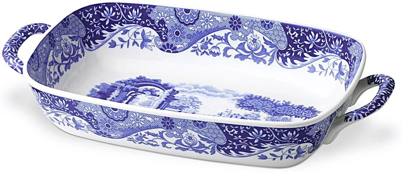 Rectangular ceramic baking dish with blue floral pattern on a white background