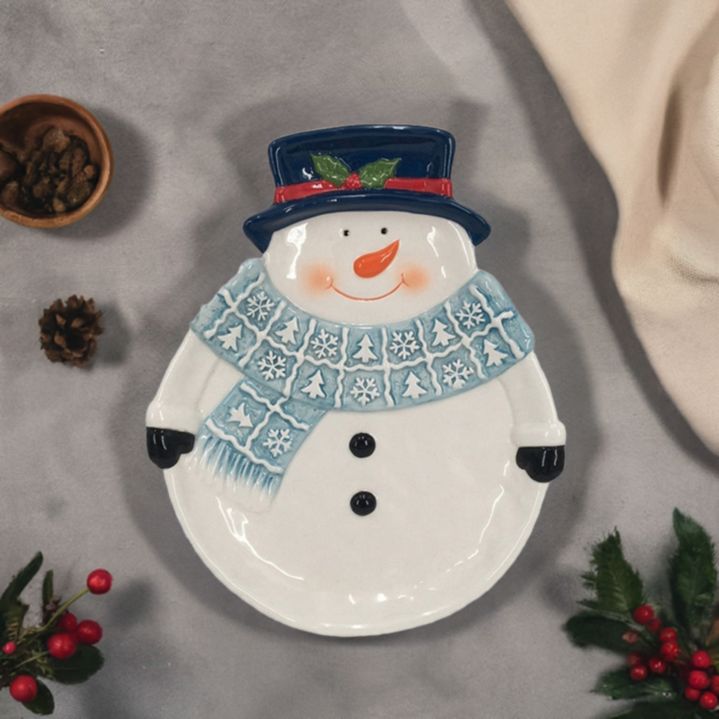 Snowman plate ceramic 11" X 9" X 1.25" Blue