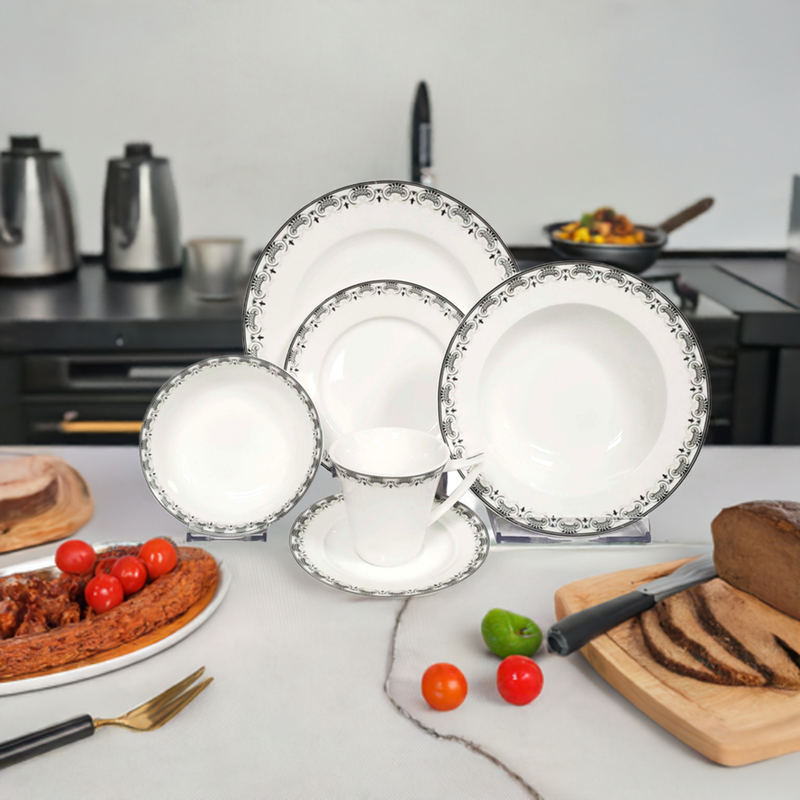 Dinnerware 58 Piece Set, Bone China Service for 8, includes 10 Serving Pieces, Winfield Platinum Collection by Success