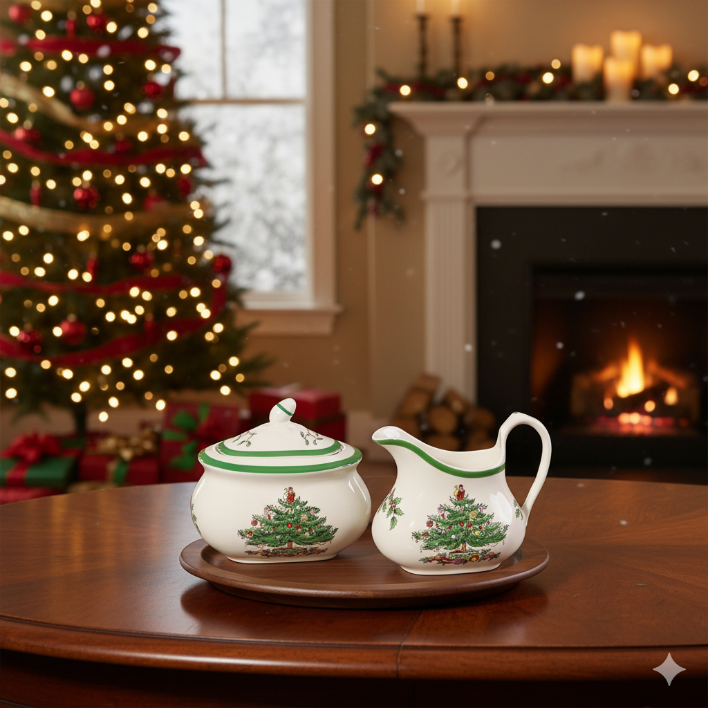 Spode Christmas Tree Collection Sugar and Creamer Set - 16 oz Sugar, 8 oz Creamer With Acacia Wood Tray - Dishwasher Safe