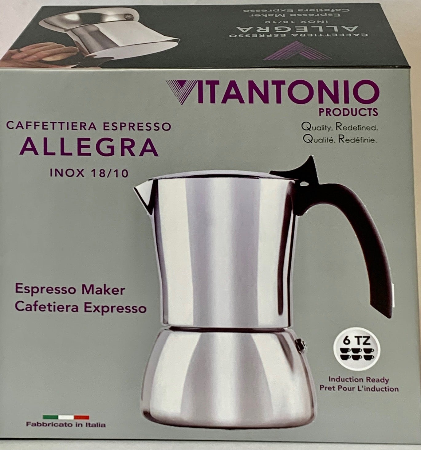 Vitantonio Allegra Espresso Maker - Makes 6 cups of coffee -  Black Handle Stainless Steel - Royal Gift