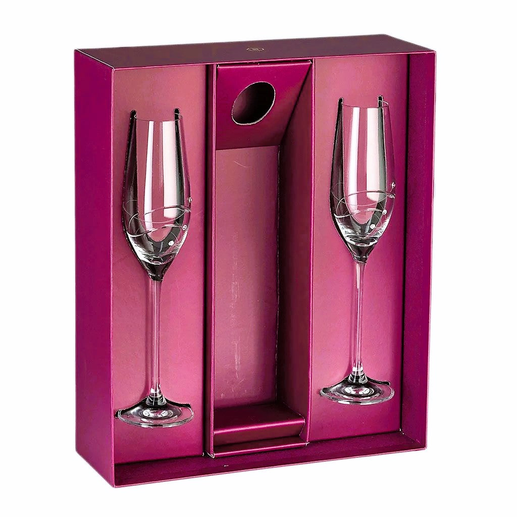 Sparkle Flutes Pair with 3 Swarovski Diamonds Made by Barski Crystal