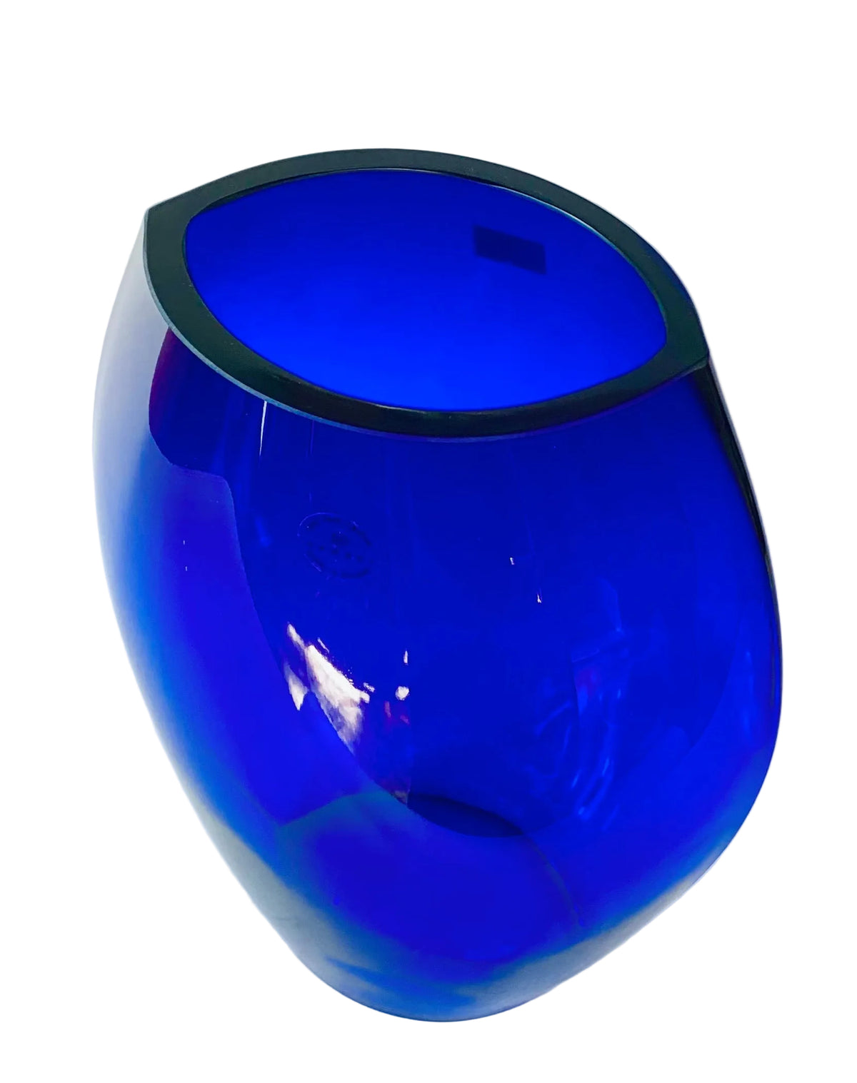 A cobalt blue glass vase with a wide, rounded body and a wide, slightly overhanging rim, shown on a plain white background.