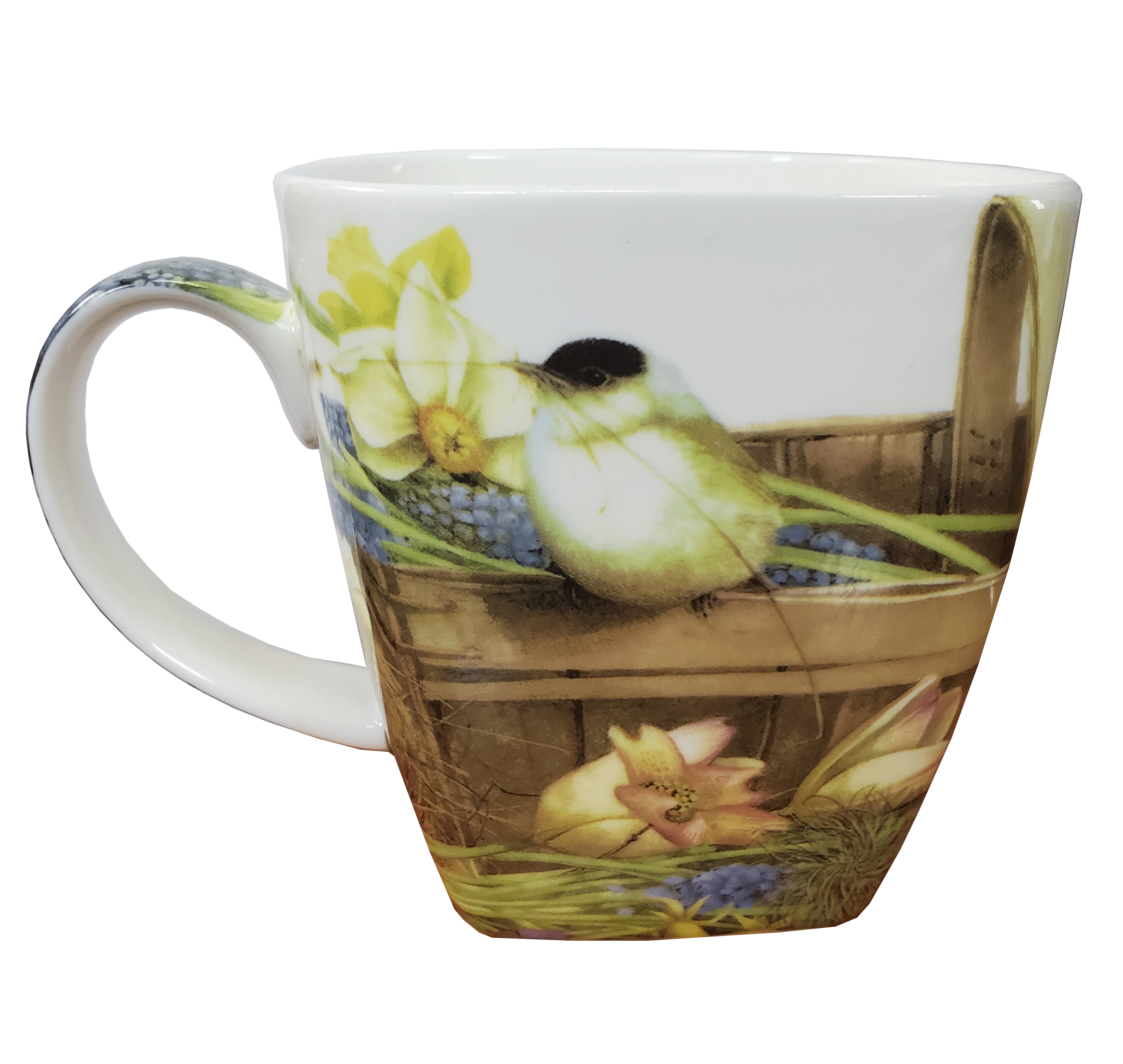 Mug Bone China Birds In Basket Square 5.25"wide X 4"deep X 4"tall - Royal Gift