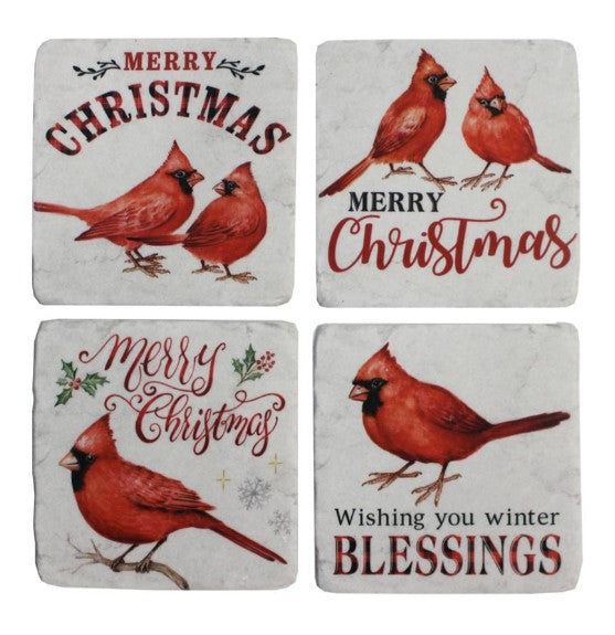 Merry Christmas Cardinal Coasters 4 Piece Set Porcelain - Royal Gift