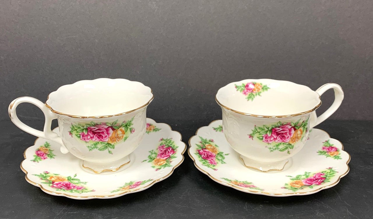 Country Rose Tea 2 Cups and 2 Saucer Set, Bone China - Royal Gift