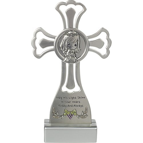 Precious Moments May His Light Shine in Your Heart Today & Always Girl First Communion Silver Zinc Alloy Cross with Stand, 172406 - Royal Gift