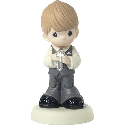 Precious Moments First Communion 'May His Light Shine in Your Heart Today & Always' Blond Hair Boy with Light Skin Tone Bisque Porcelain Figurine - Royal Gift