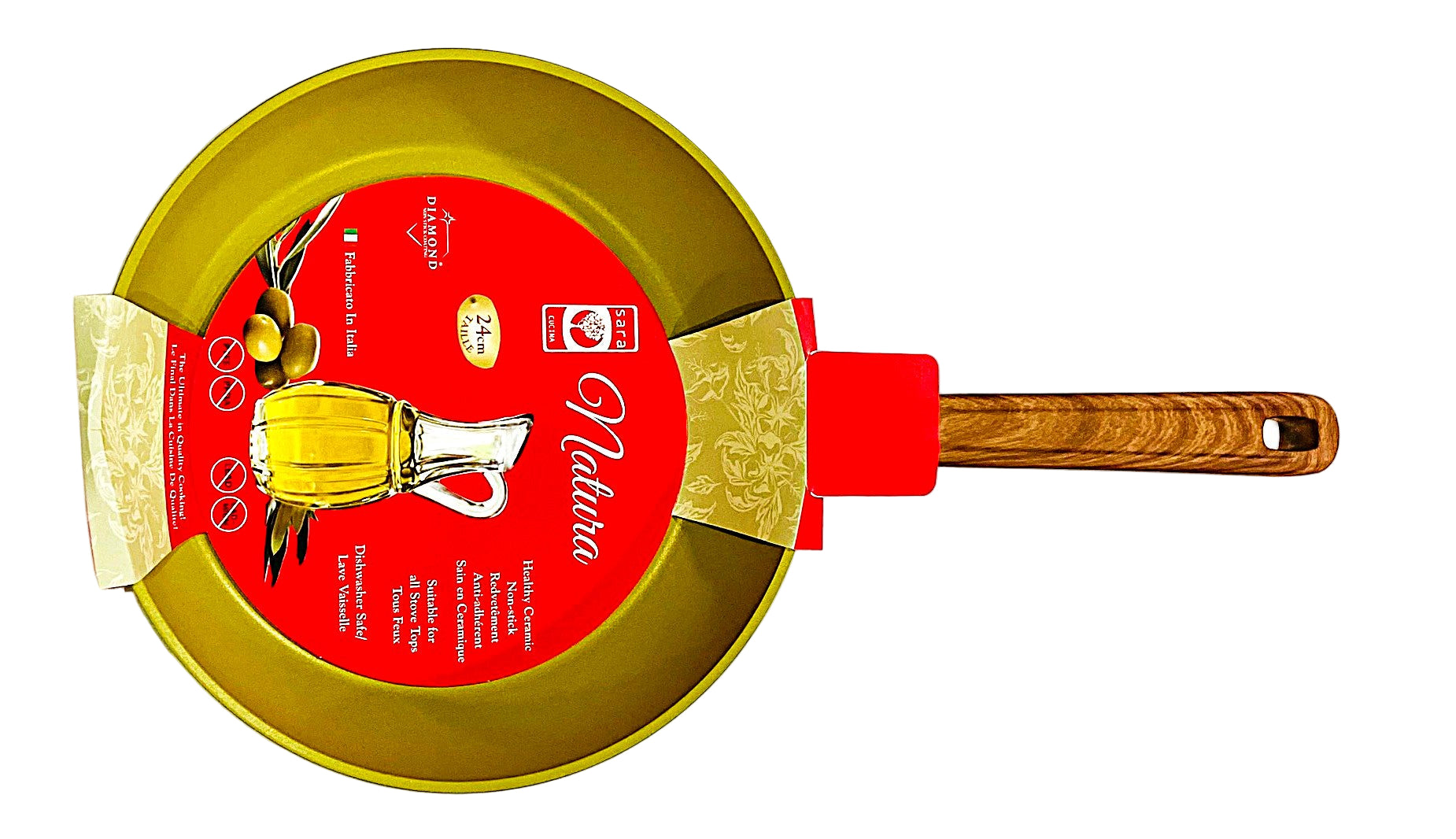 Frying pan with a red label on a white background