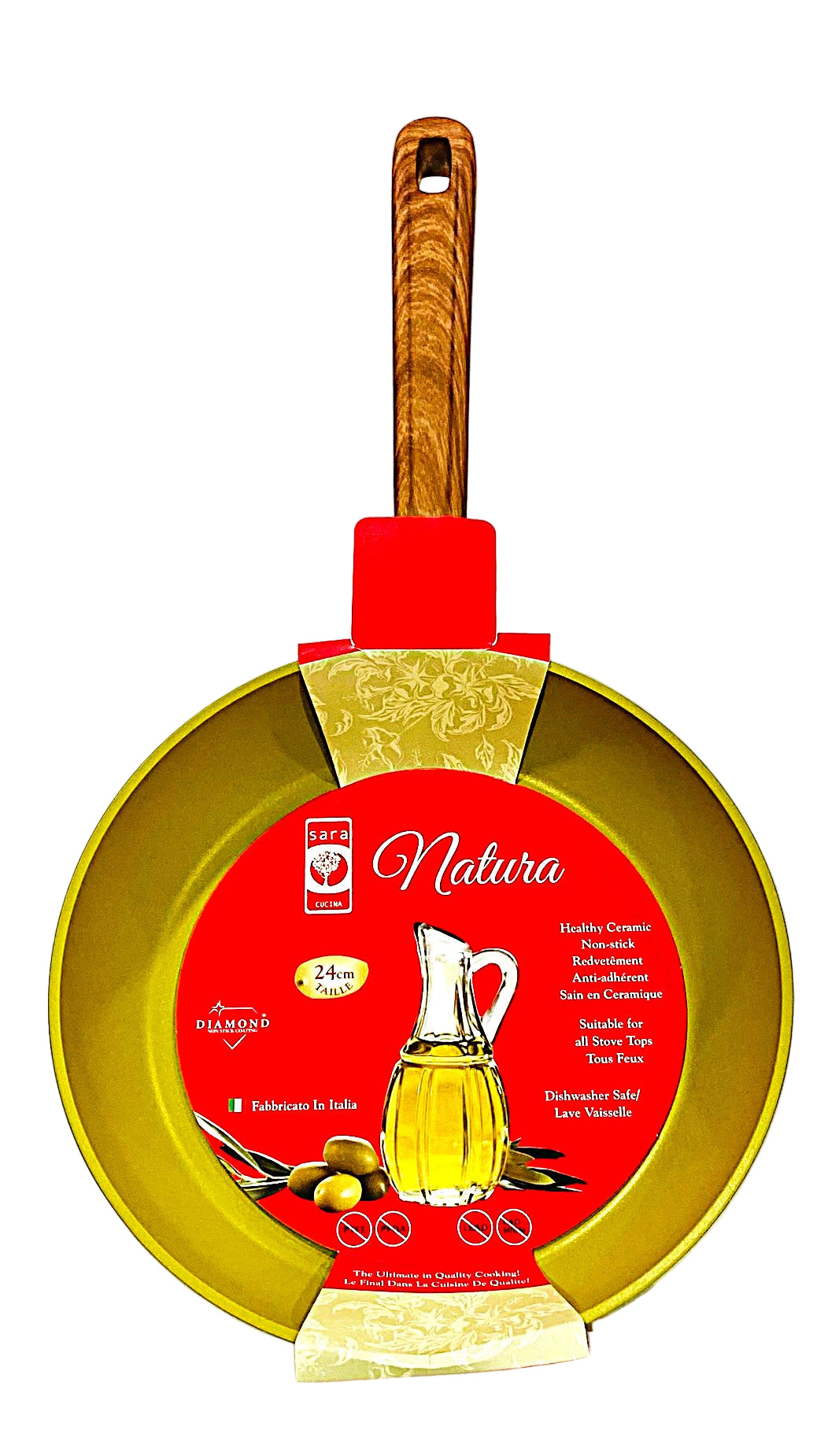 Gold frying pan with a red label featuring an olive oil bottle on a white background
