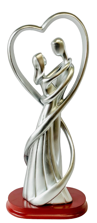 Lovers Couple Silver Painted Ceramic Statue On Wood Base 12.5"tall X 5.5"wide X 3.5"deep