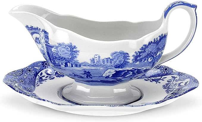 Spode Blue Italian Gravy and Stand Porcelain 9"wide X 5"deep X 5"hi