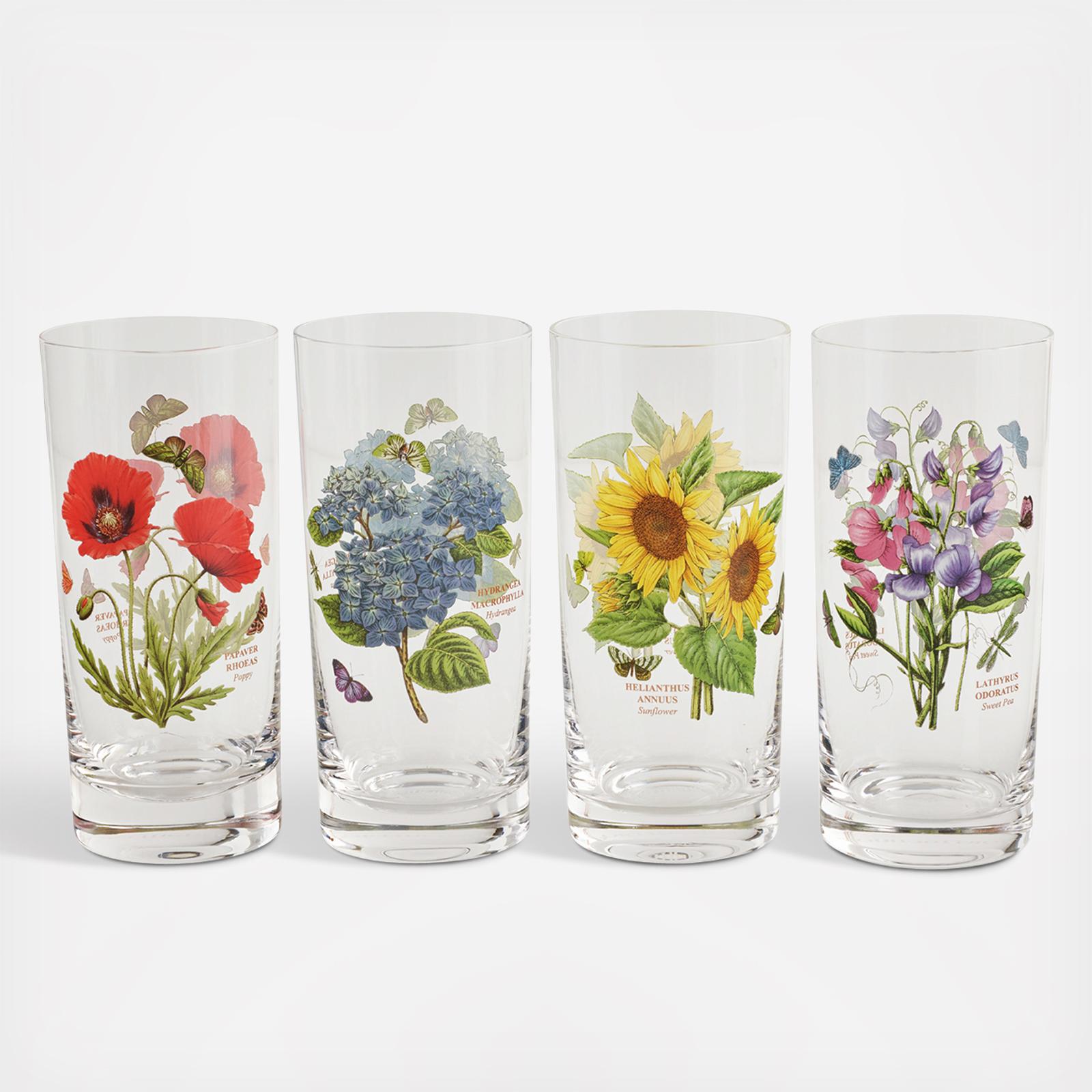 Portmeirion Botanic Garden Highball Glasses Set of 4 Tall Drinking Glasses Ideal for Juice, or Cocktails with Assorted Motifs