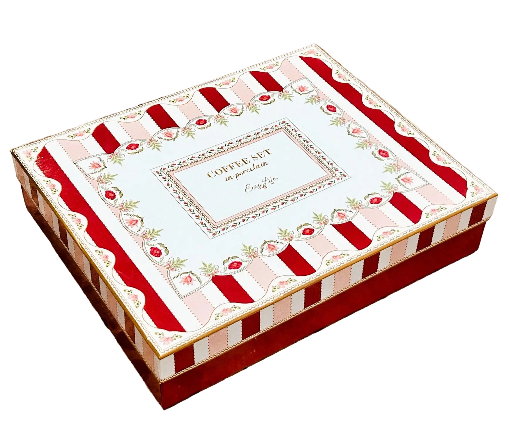 Decorative box with red and white striped pattern on a marble surface