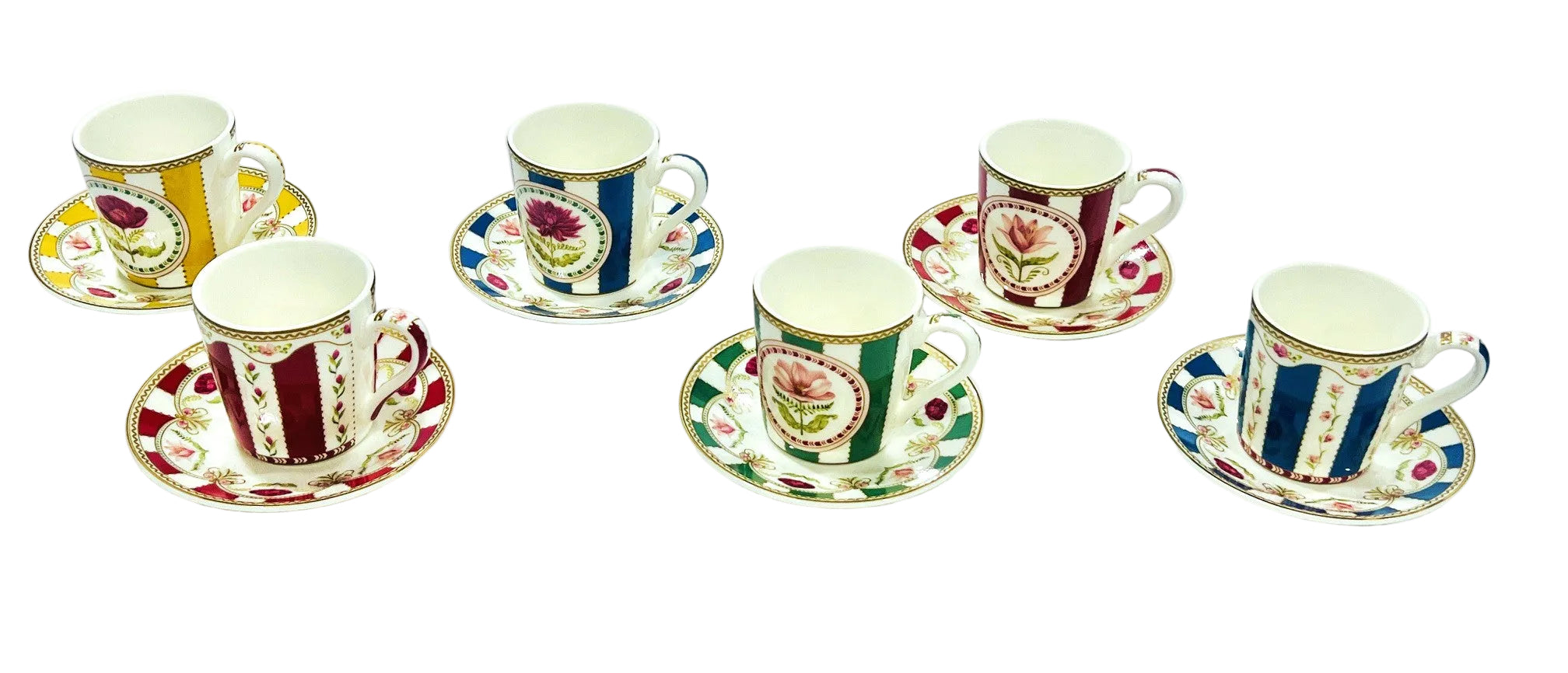 Set of six colorful teacups and saucers on a white background