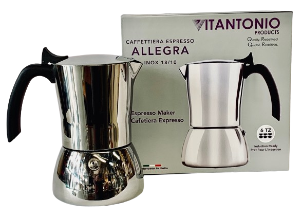Vitantonio Allegra Espresso Maker - Makes 6 cups of coffee -  Black Handle Stainless Steel