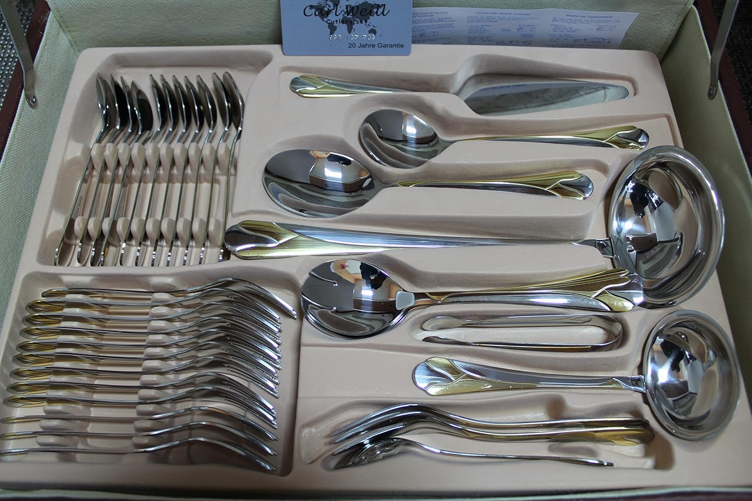 Flatware 18/10 Stainless Steel 78 Piece Cutlery Set Tulip Gold from Carl Weill, Service for 12 people include 12 serving piece set