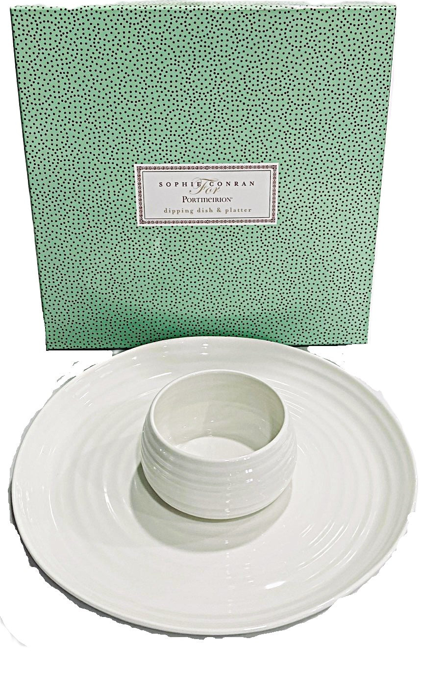 White ceramic dish with a green textured box labeled 'Sophie Conran' on a white background