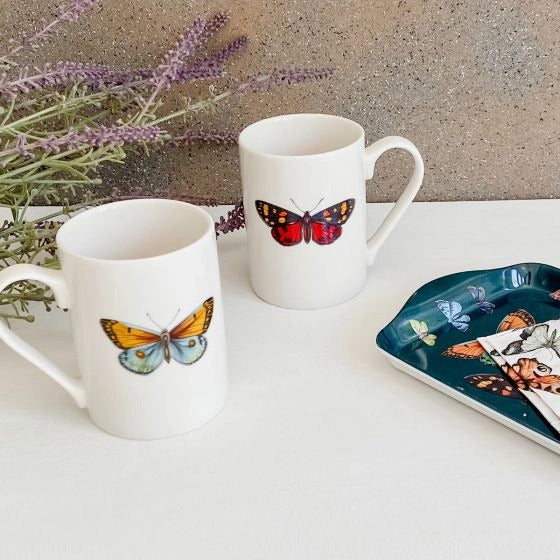 Pimpernel Botanic Garden Harmony Mug & Tray Set - 10oz Porcelain Mugs & 8" Melamine Tray 3-Piece Mug and Tray Gift Set