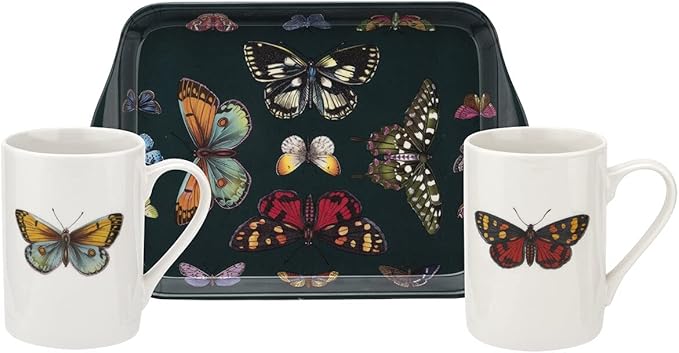 Botanic Garden Harmony Mug and Tray Set 3-Piece Mug and Tray Gift Set 10 Oz Coffee Mugs and 8" Tray Made of Porcelain and Melamine.