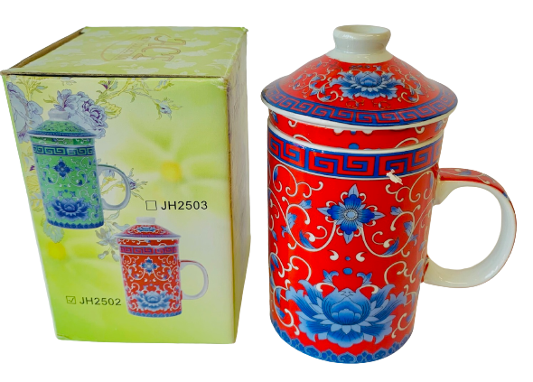 Mug With Tea Diffuser and Cover Red Flower Porcelain
