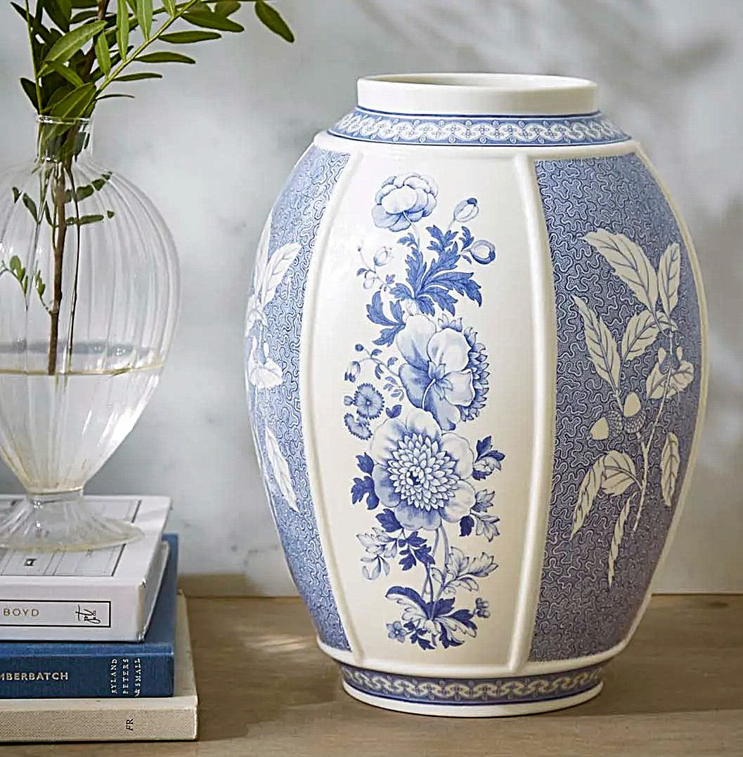 Spode Blue Italian British Flowers Vase 10"tall Panels