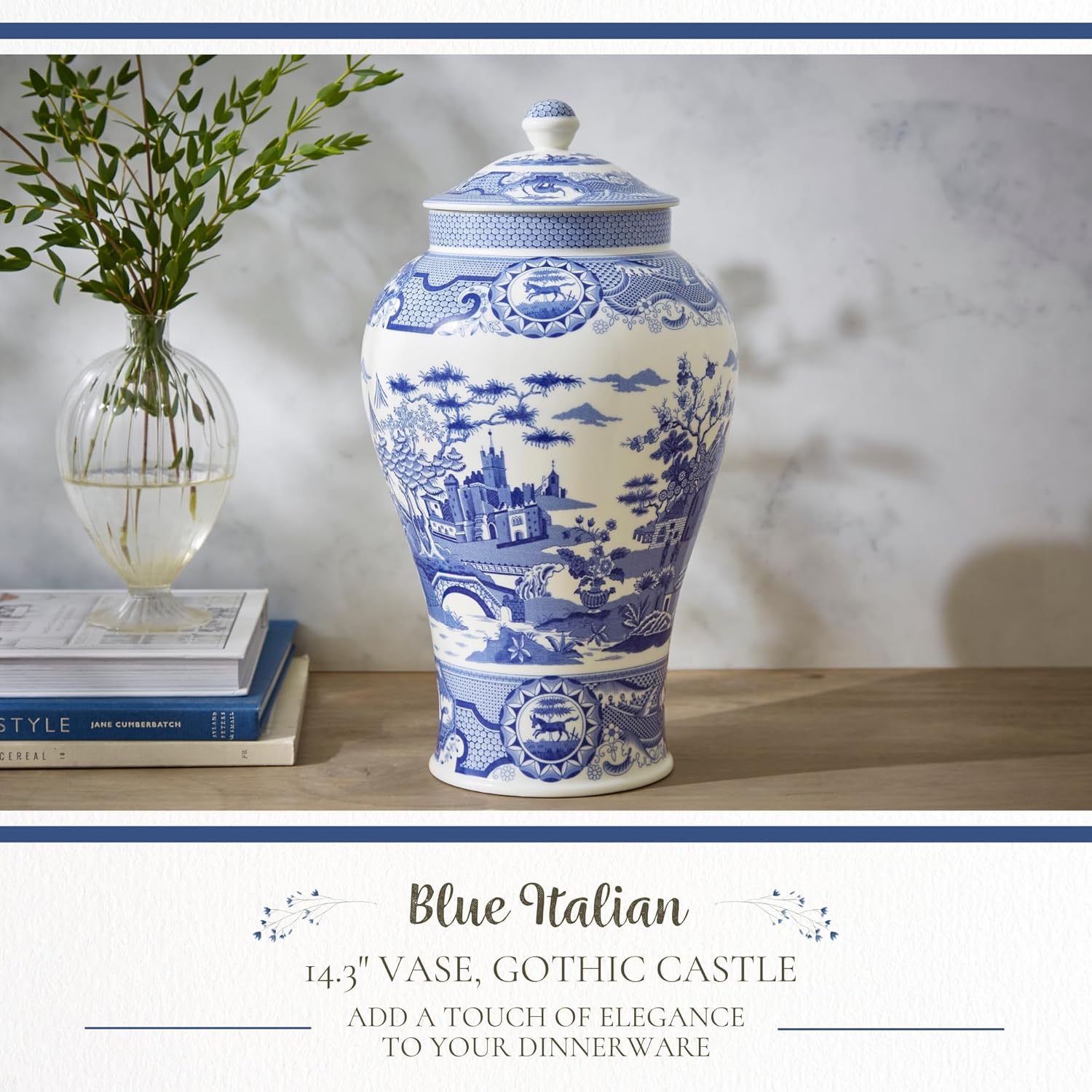 Spode Blue Italian Vase with cover 14.3"tall