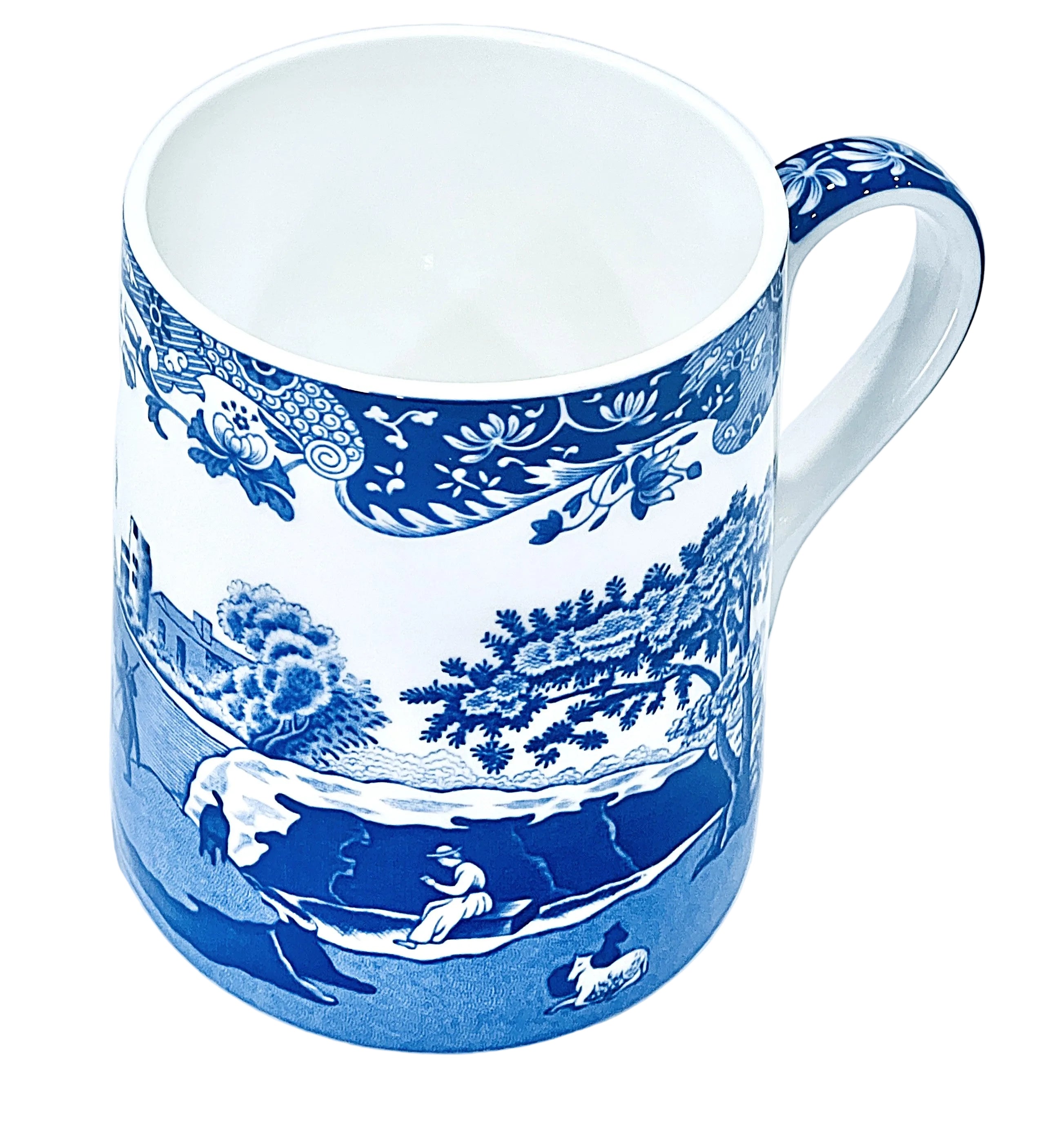 White mug with blue Italian porcelain decorative patterns on a white background