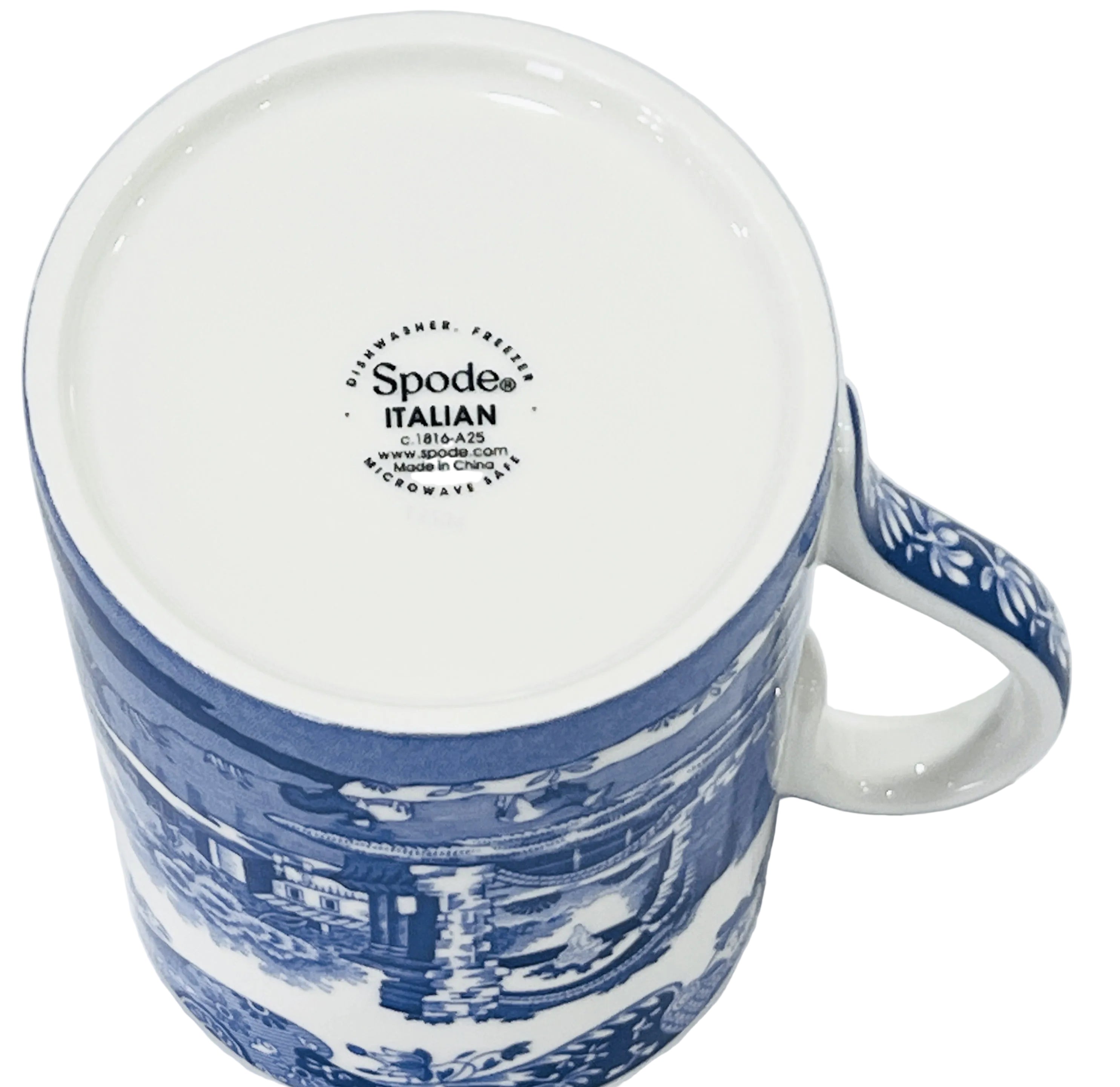 Spode Italian pattern mug with branding on a white background