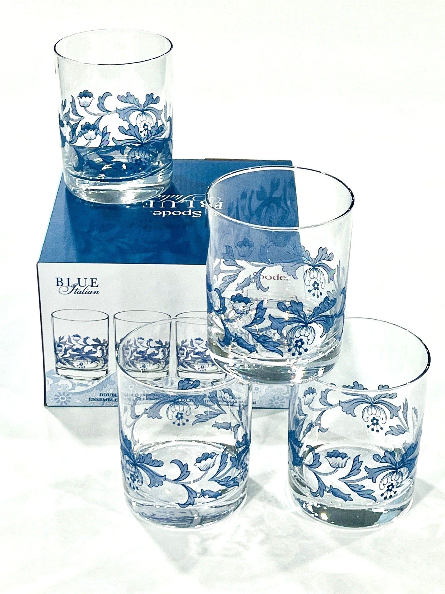 Spode Blue Italian Double Old Fashioned Glasses, Set of 4, Tumblers 14-Ounce Capacity