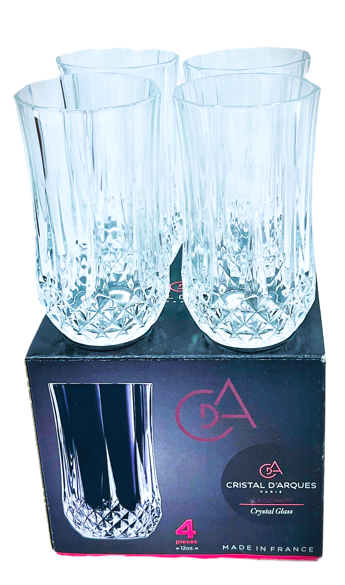 Highball Glass Longchamp by Cristal D'Arques-Durand Set of 4 Made in France 12-oz 3"diameter X 5.3"tall