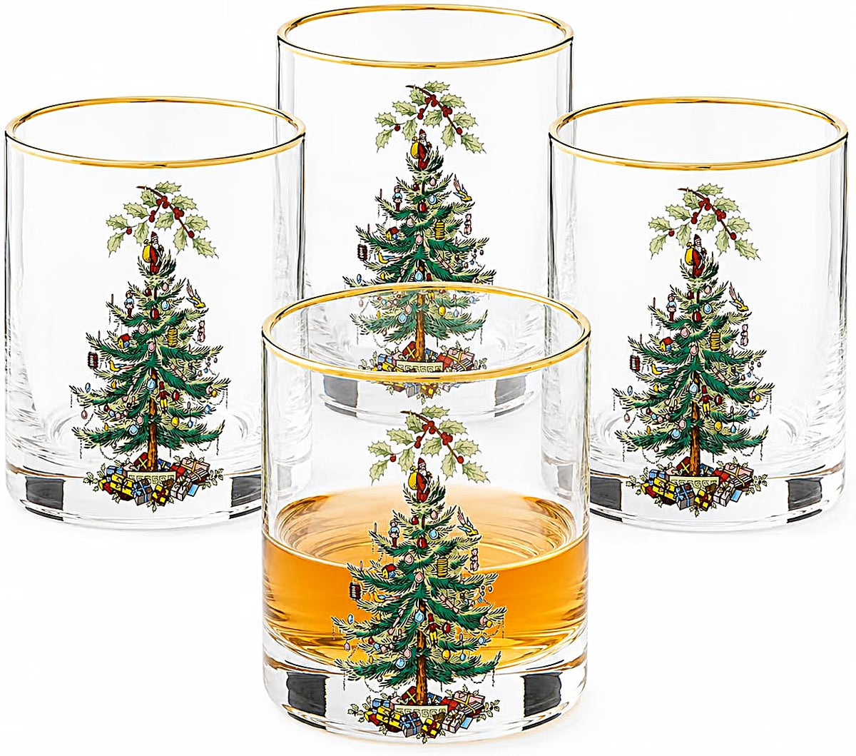 Spode Christmas Tree Glass, Double Old Fashion DOF Glasses, Gold Rimmed, 14-OZ set of 4