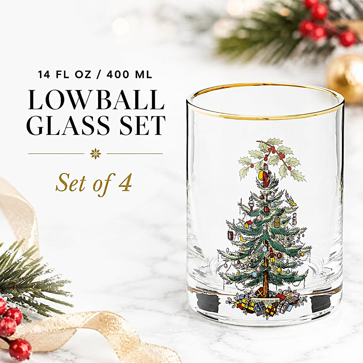 Spode Christmas Tree Glass, Double Old Fashion DOF Glasses, Gold Rimmed, 14-OZ set of 4