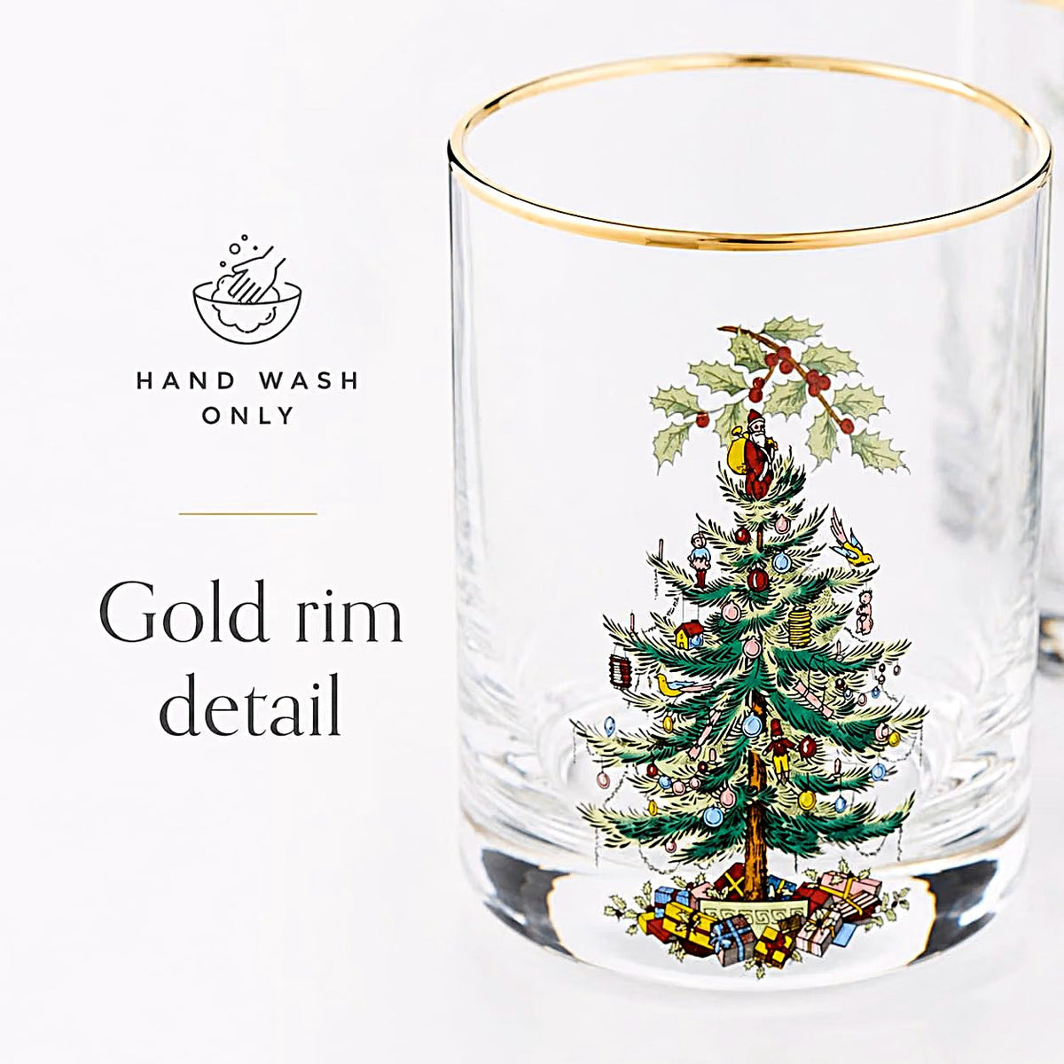 Spode Christmas Tree Glass, Double Old Fashion DOF Glasses, Gold Rimmed, 14-OZ set of 4