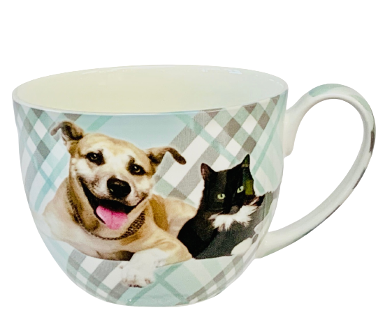 Breakfast Cup Cat & Dog Green Burbery.  Bone china Euart Collection